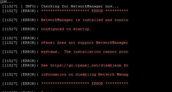 مشکل cPanel does not support NetworkManager enabled هنگان نصب سیپنل
